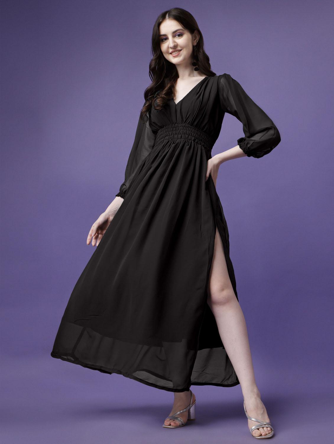 women solid puff sleeve fit & flare maxi dress
