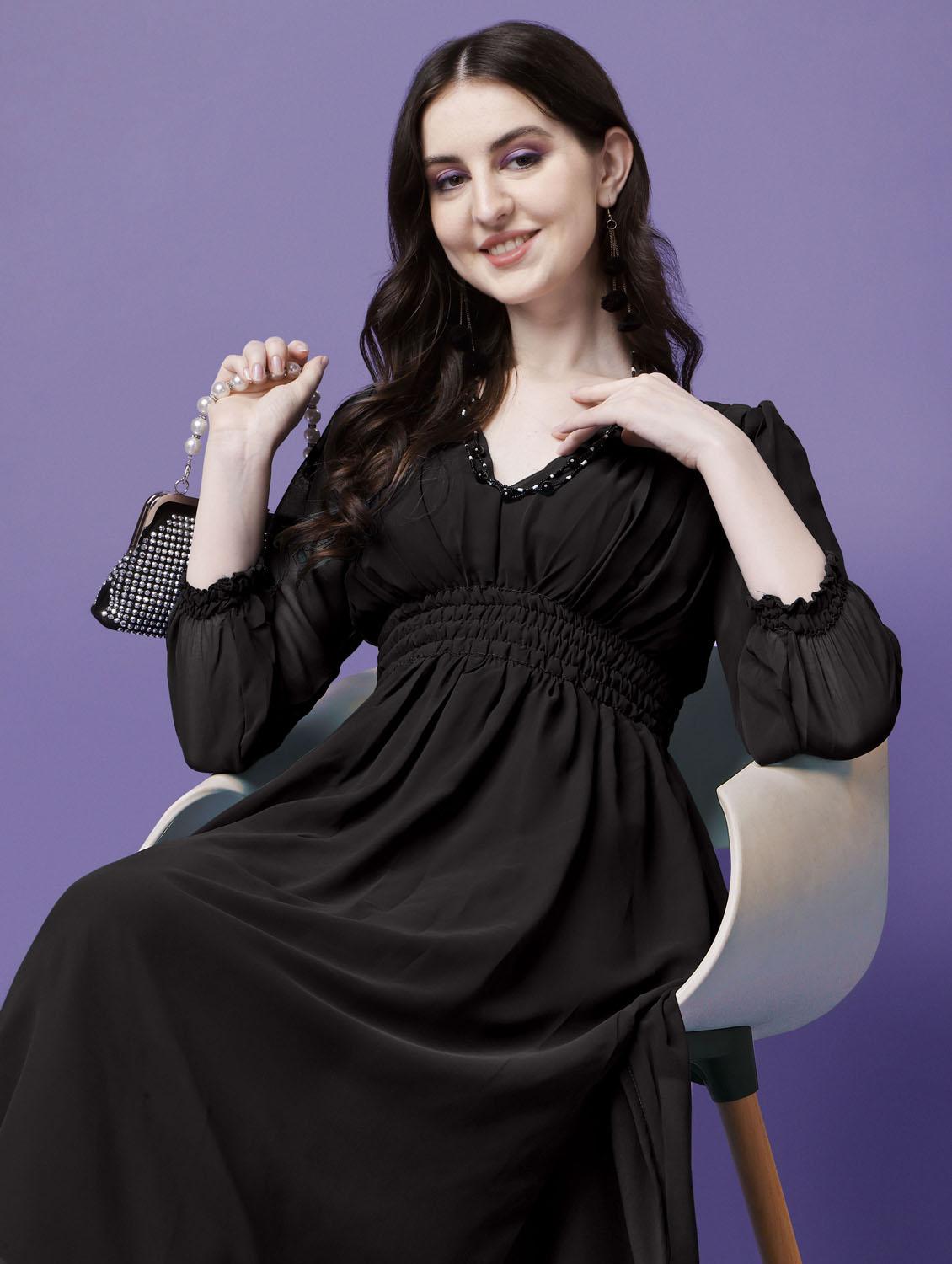 women solid puff sleeve fit & flare maxi dress - 21972621 - Standard Image - 3
