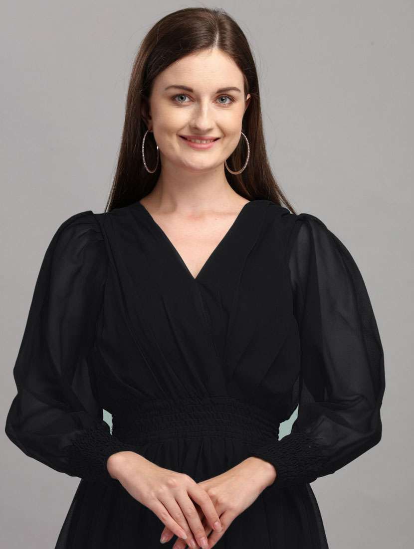 women solid puff sleeve fit & flare maxi dress - 21972623 - Standard Image - 3