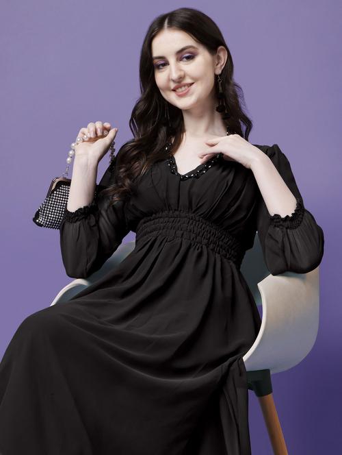 women solid puff sleeve fit & flare maxi dress - 21972625 - Standard Image - 0