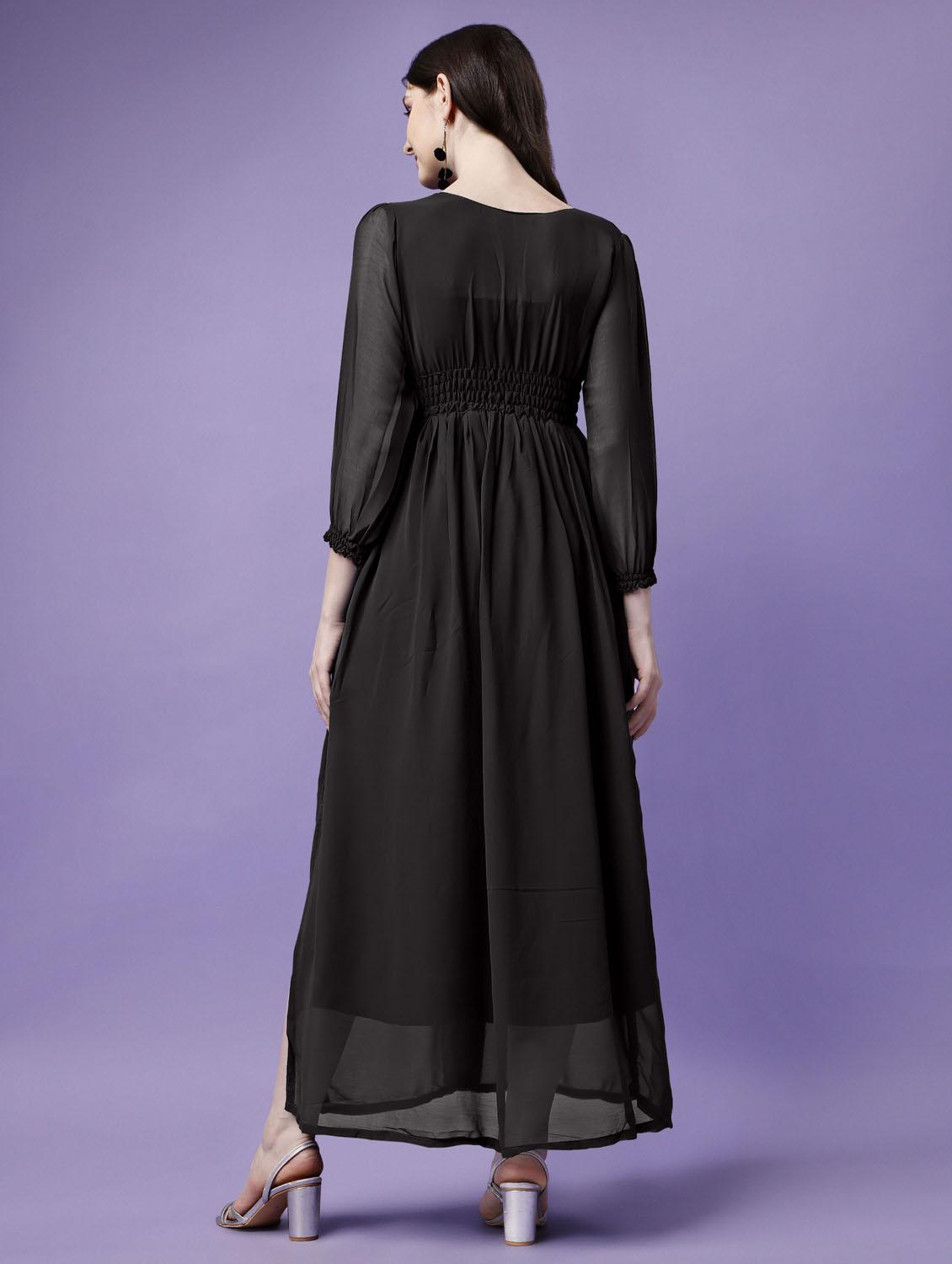women solid puff sleeve fit & flare maxi dress - 21972625 - Standard Image - 3