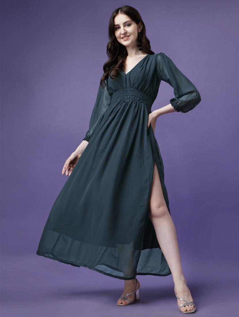 women solid puff sleeve fit & flare maxi dress - 21972626 -  Zoom Image - 0