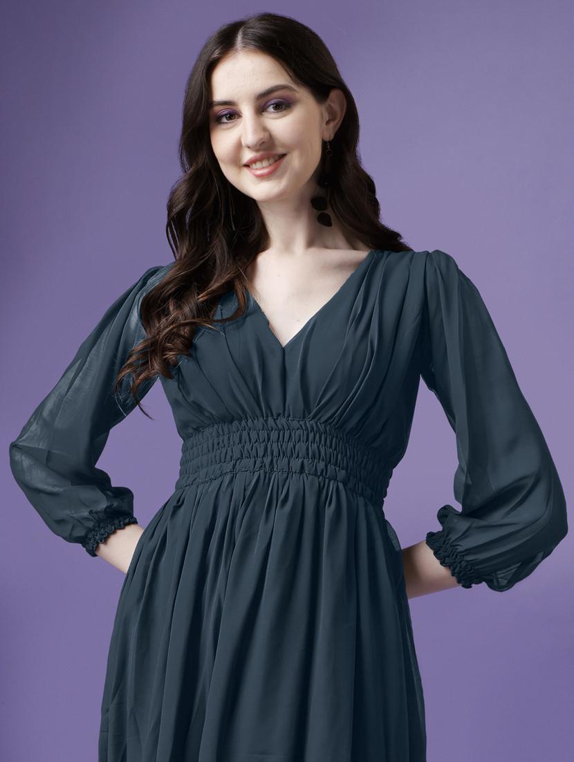 women solid puff sleeve fit & flare maxi dress - 21972626 - Standard Image - 3