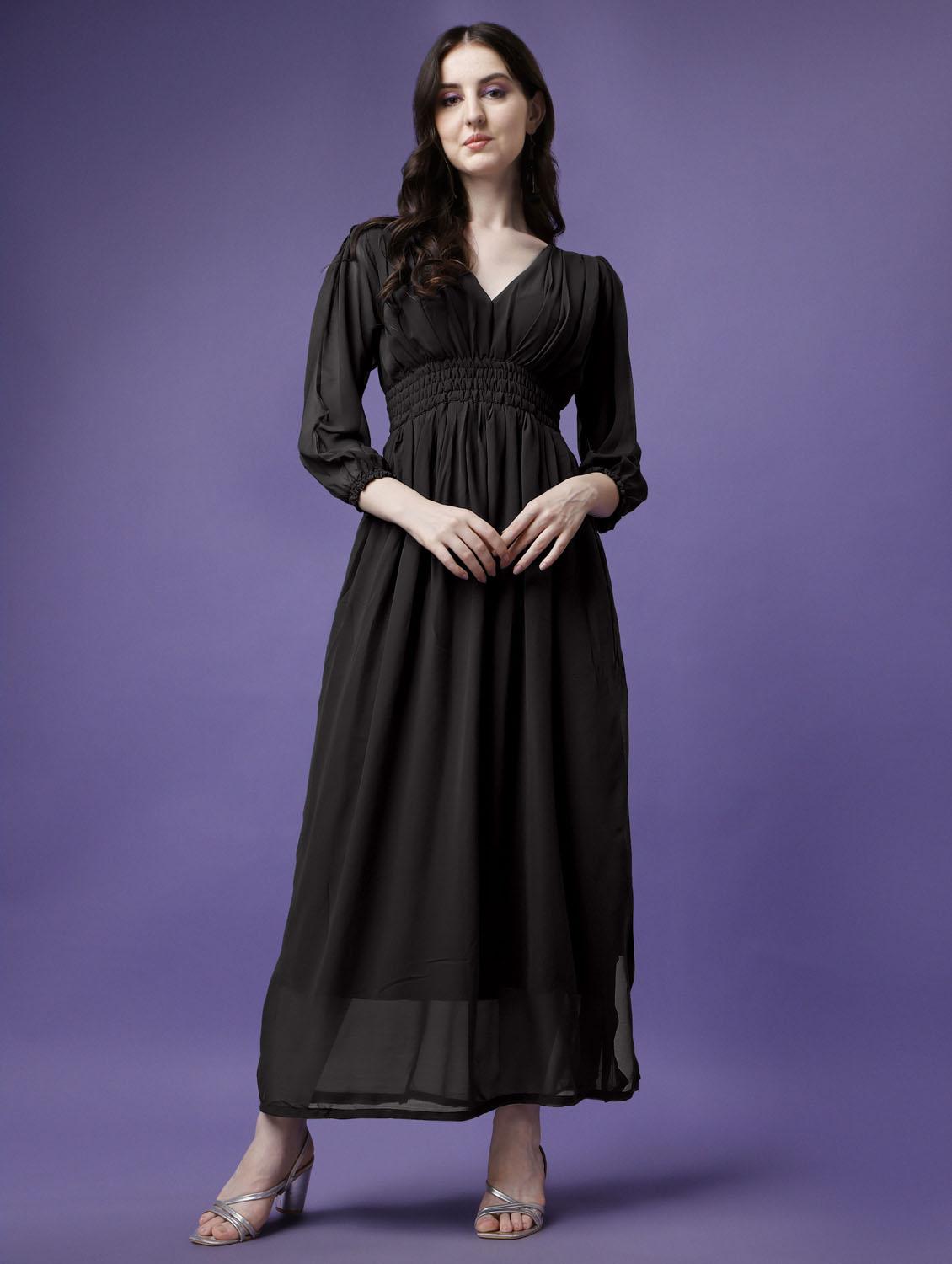 women solid puff sleeve fit & flare maxi dress - 21972627 - Standard Image - 3
