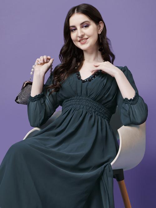 women solid puff sleeve fit & flare maxi dress - 21972628 - Standard Image - 0