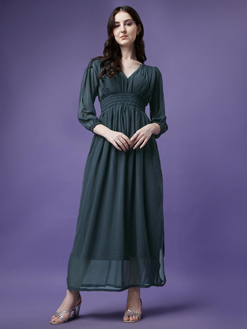 women solid puff sleeve fit & flare maxi dress - 21972628 - Standard Image - 3