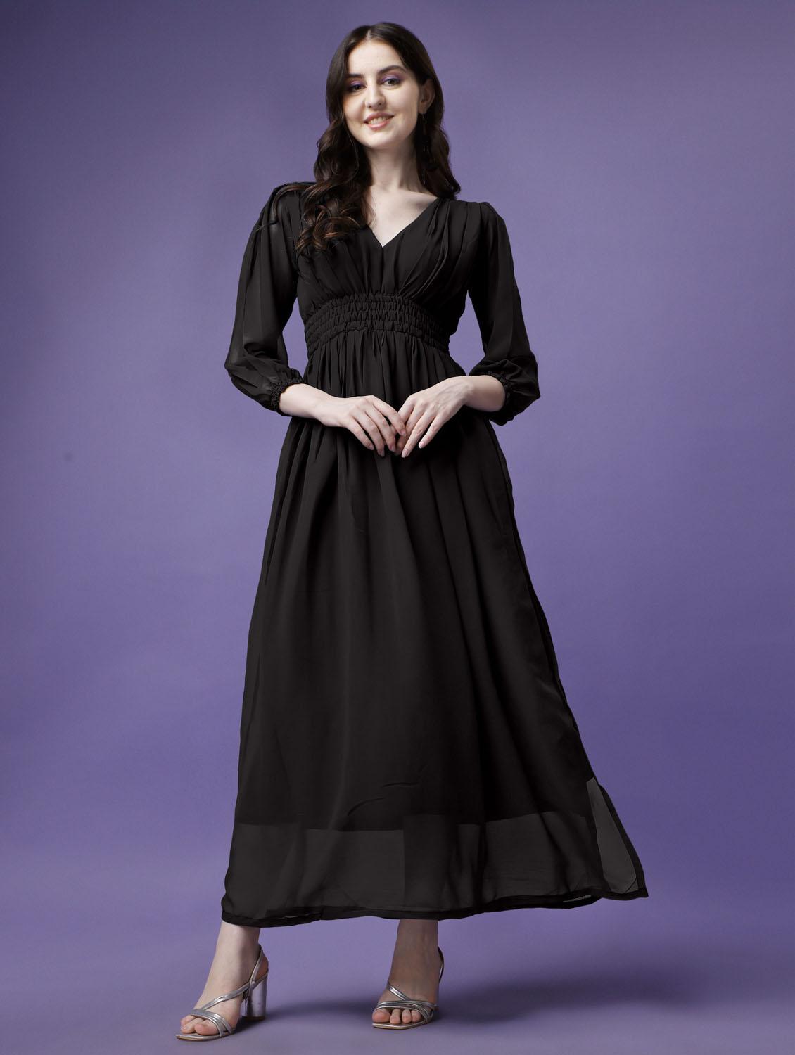 women solid puff sleeve fit & flare maxi dress - 21972629 - Standard Image - 3