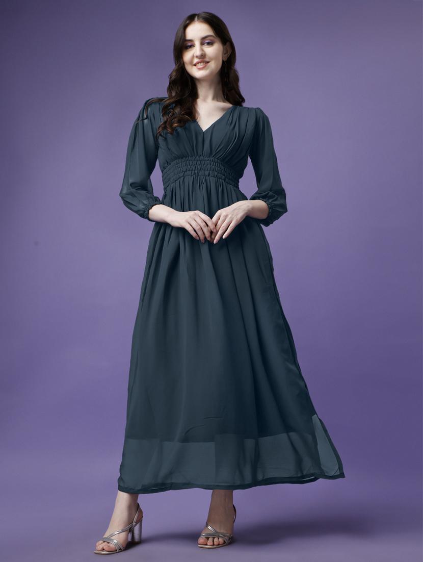 women solid puff sleeve fit & flare maxi dress - 21972630 - Zoom Image - 0