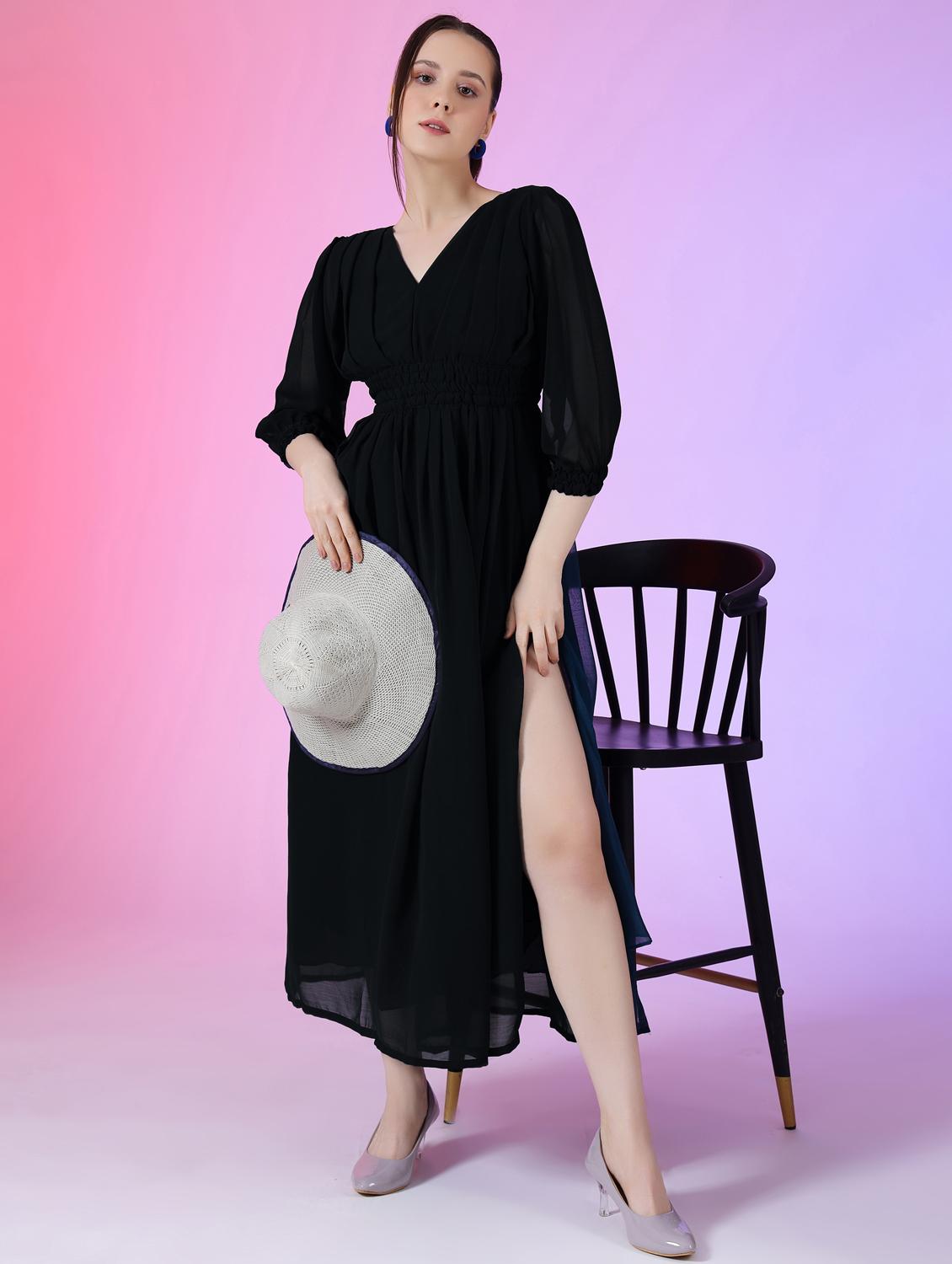 women solid puff sleeve fit & flare maxi dress - 21972633 -  Zoom Image - 0