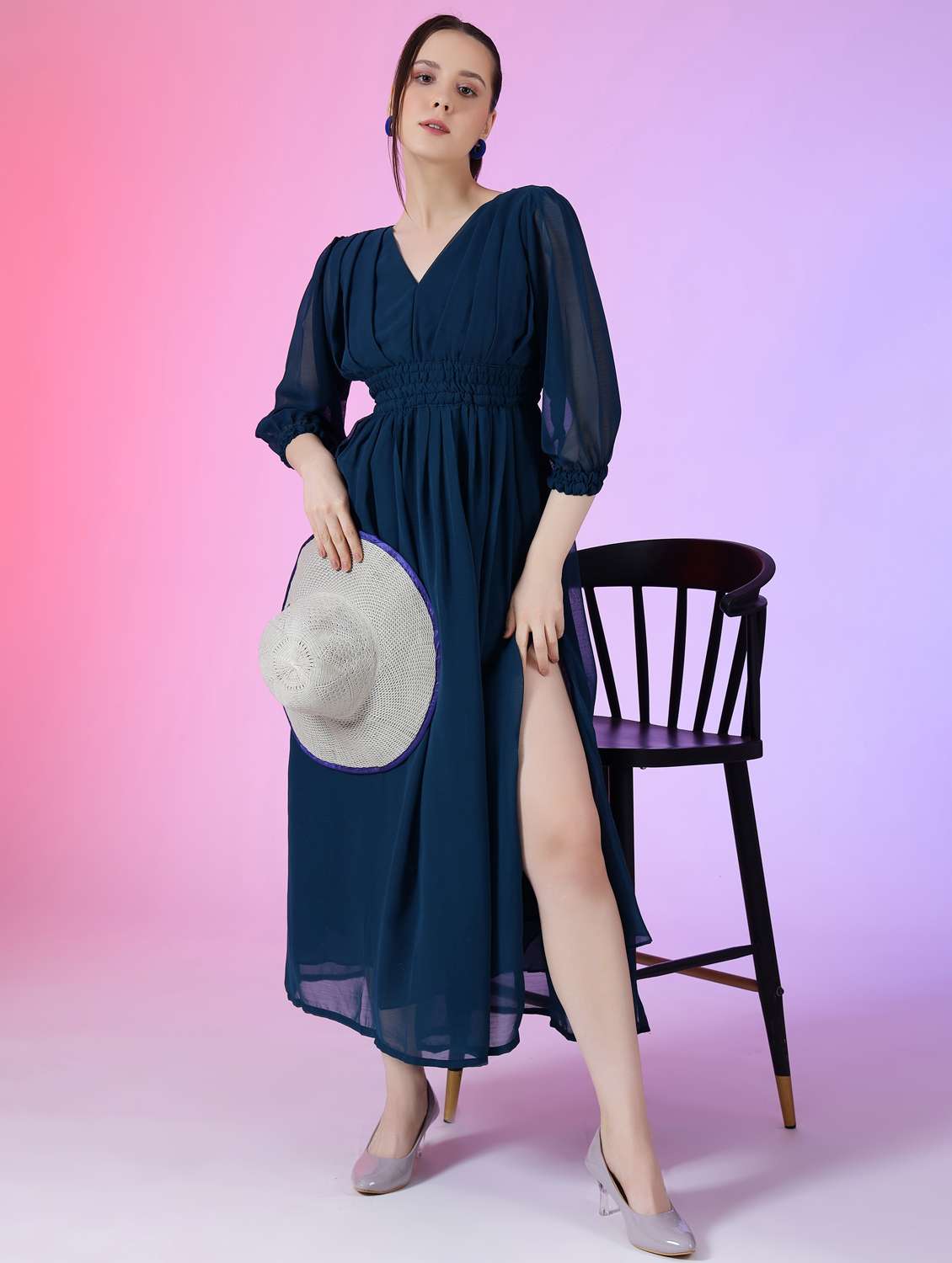 women solid puff sleeve fit & flare maxi dress - 21972634 - Zoom Image - 0