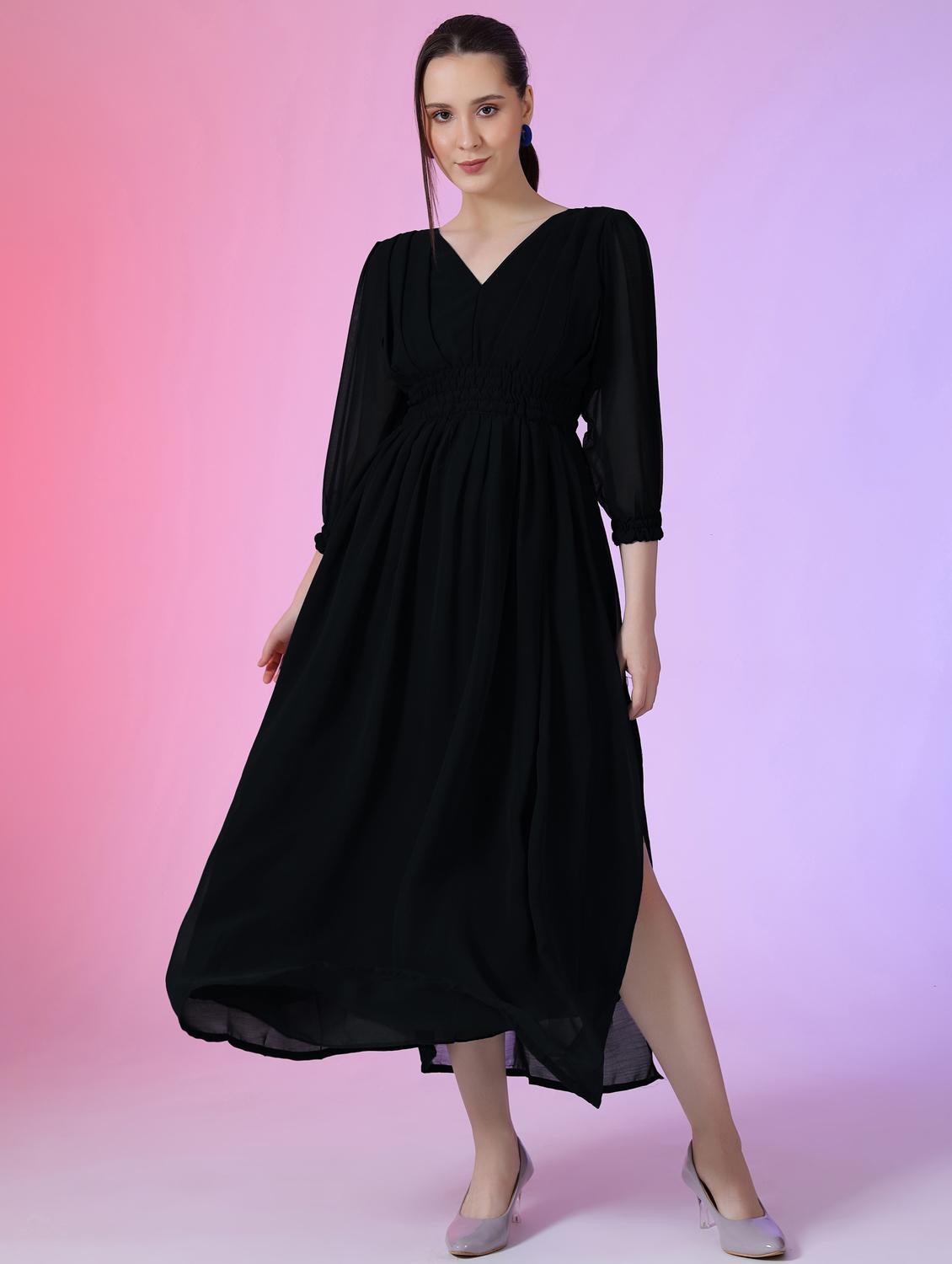 women solid puff sleeve fit & flare maxi dress - 21972637 - Zoom Image - 0