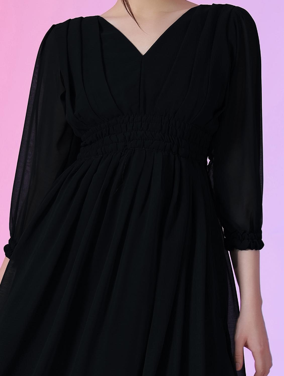women solid puff sleeve fit & flare maxi dress - 21972637 - Standard Image - 3