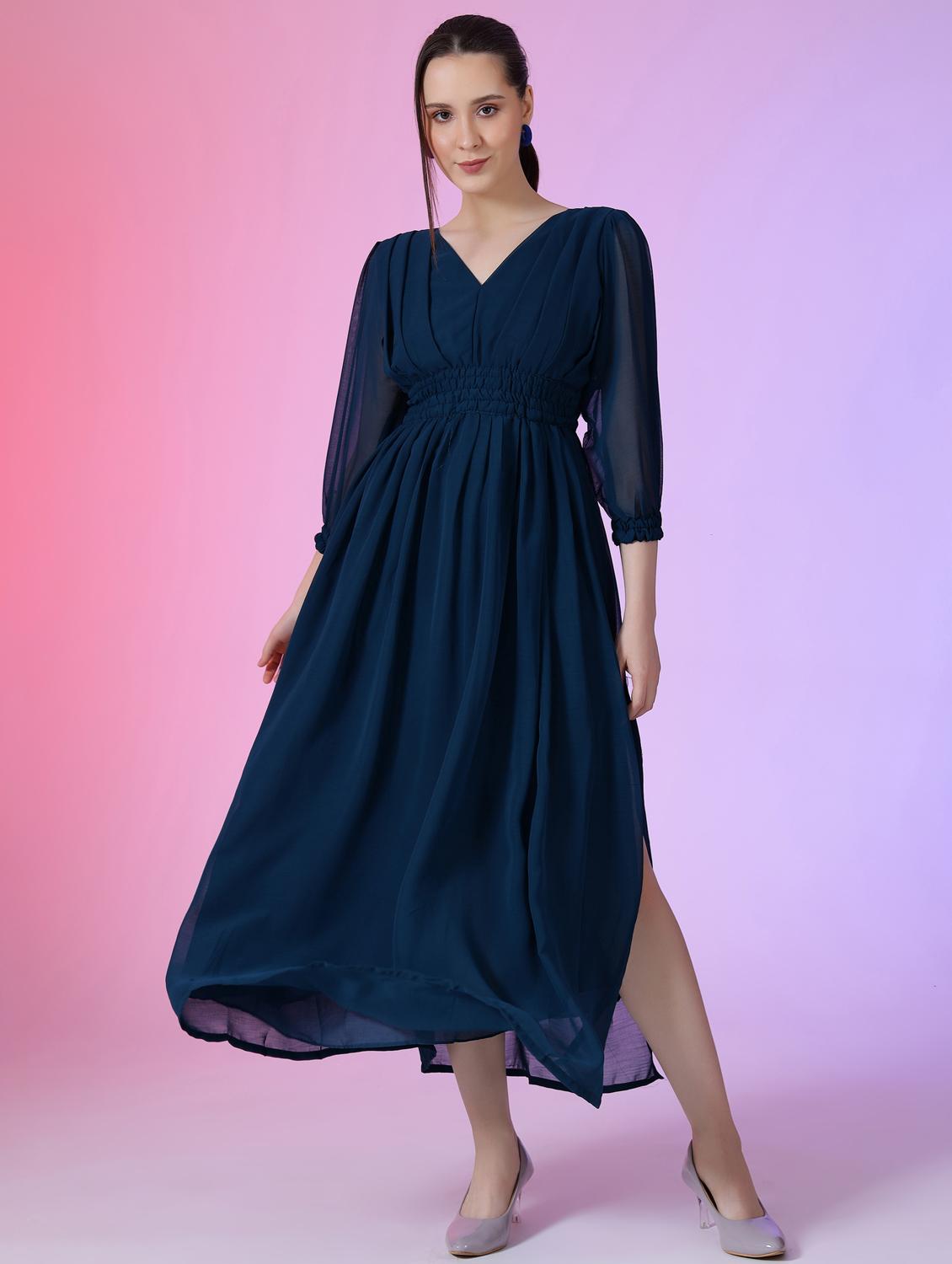 women solid puff sleeve fit & flare maxi dress - 21972638 - Zoom Image - 0