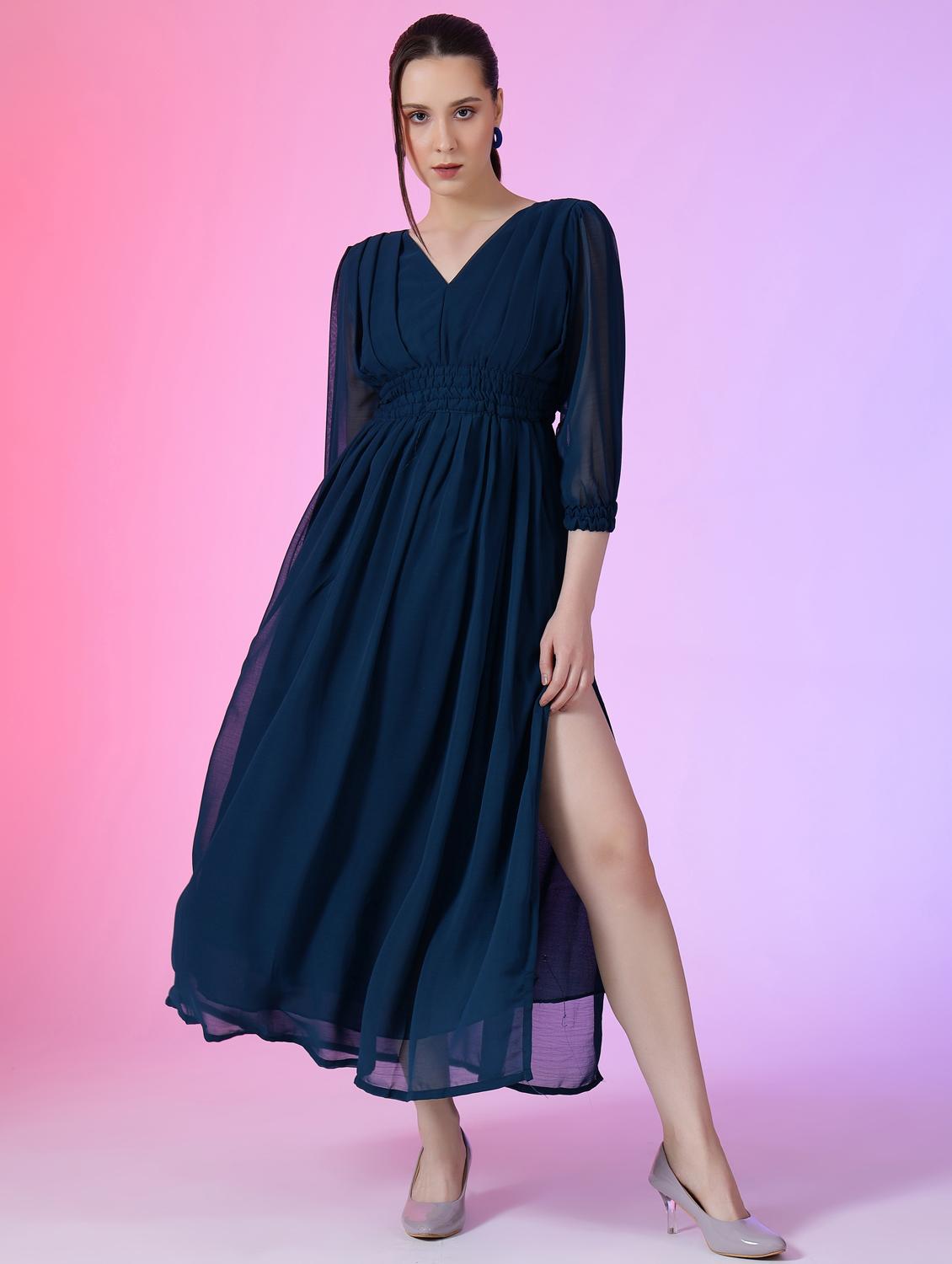 women solid puff sleeve fit & flare maxi dress - 21972642 -  Zoom Image - 0