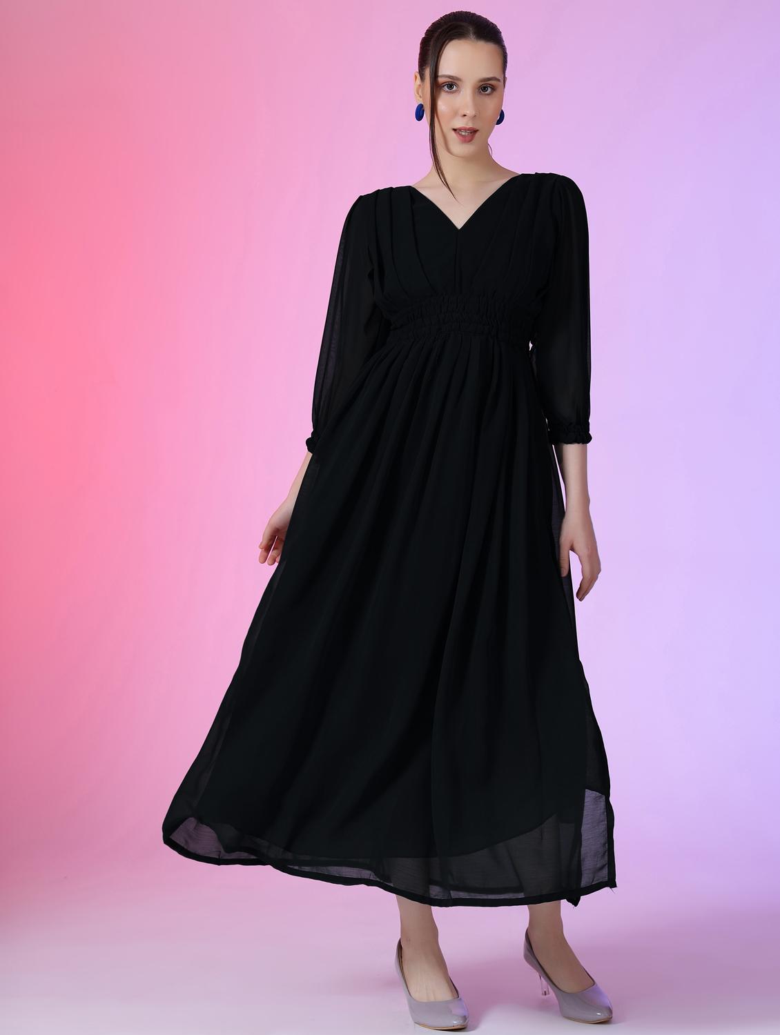 women solid puff sleeve fit & flare maxi dress - 21972643 - Zoom Image - 0
