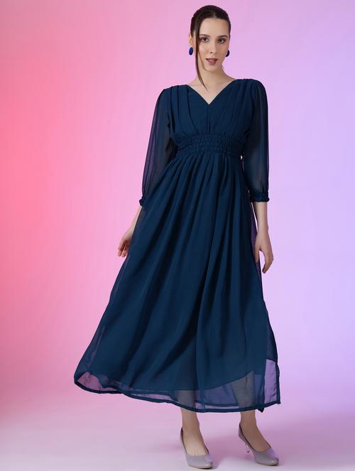 women solid puff sleeve fit & flare maxi dress - 21972644 - Standard Image - 0