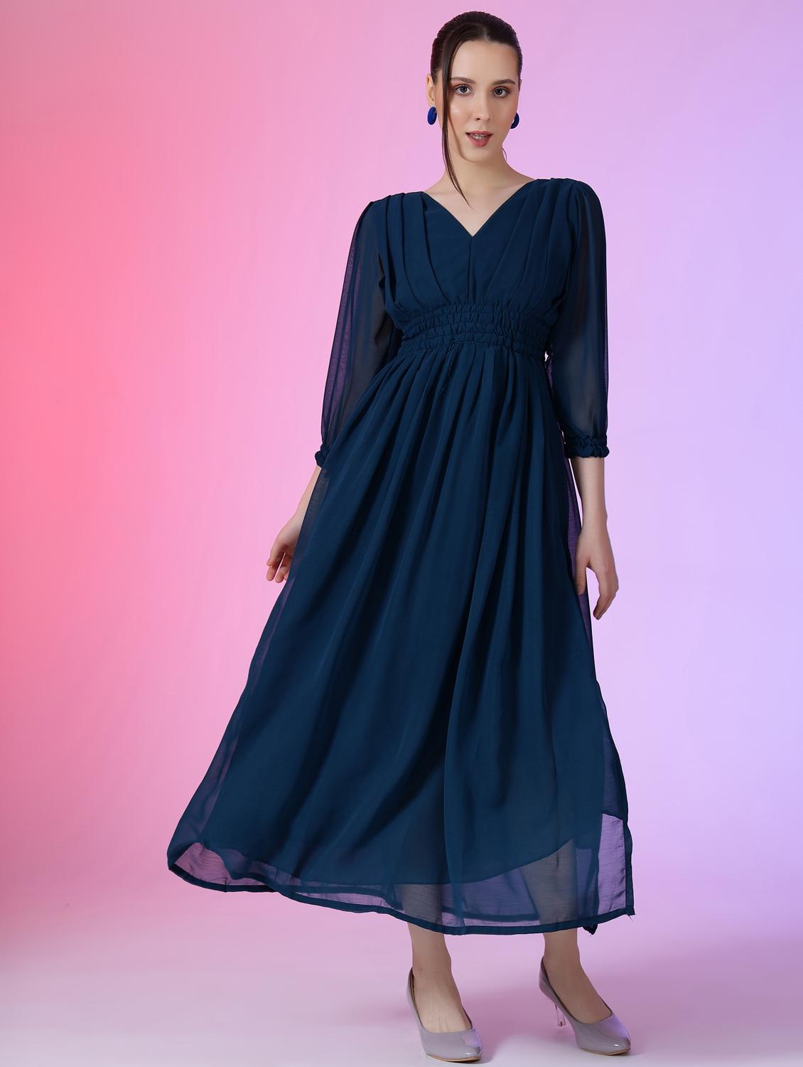 women solid puff sleeve fit & flare maxi dress - 21972644 - Zoom Image - 0