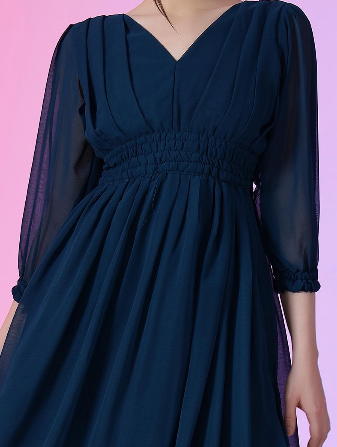 women solid puff sleeve fit & flare maxi dress - 21972644 - Standard Image - 3