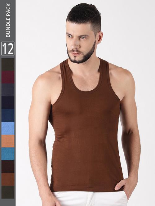 men pack of 12 multi colored solid sleeveless vest - 21972653 -  Standard Image - 0