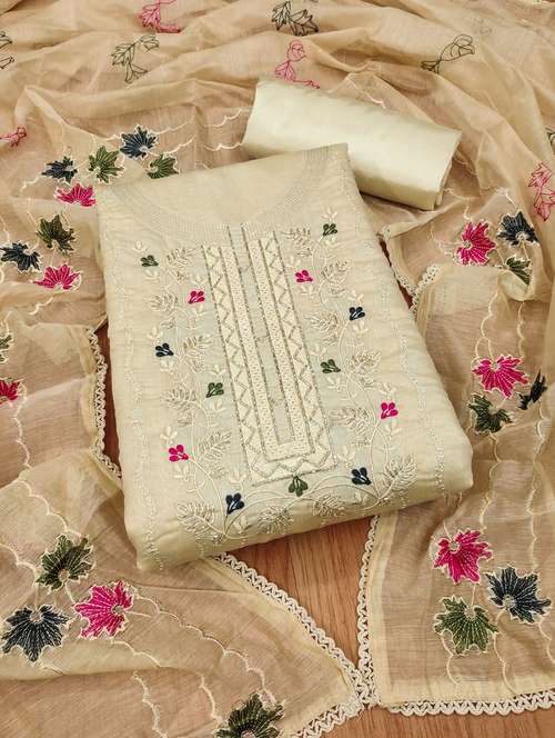 women solid with work embroidered unstitched suit set - 21972706 - Standard Image - 0