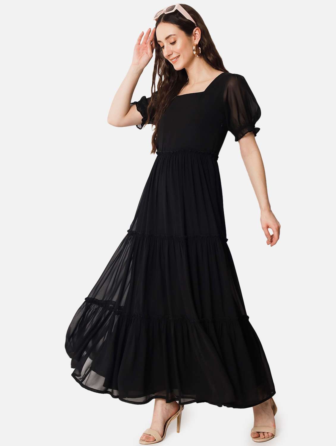women solid puff sleeve tiered maxi dress - 21972835 - Zoom Image - 0