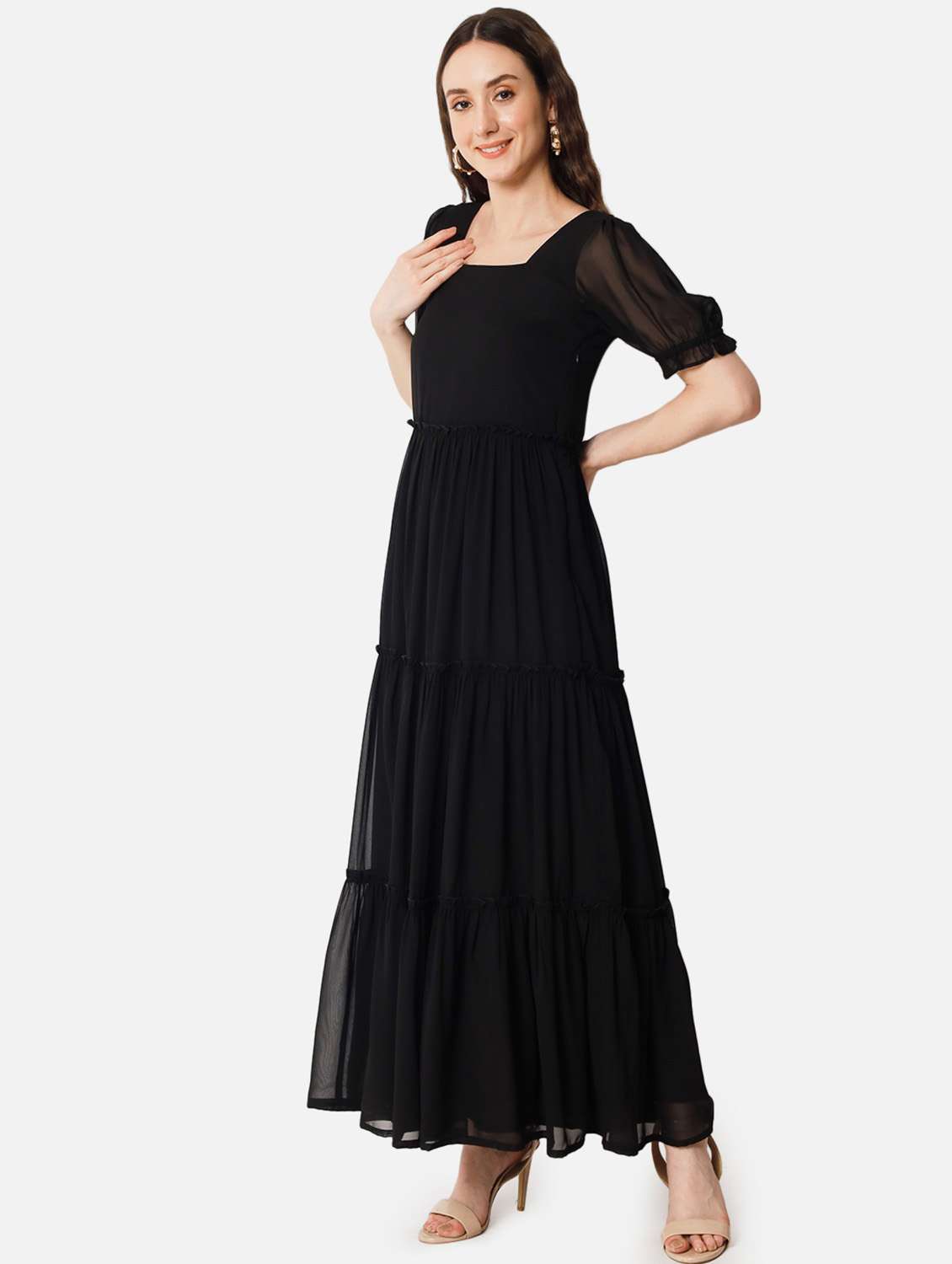 women solid puff sleeve tiered maxi dress - 21972841 - Zoom Image - 0