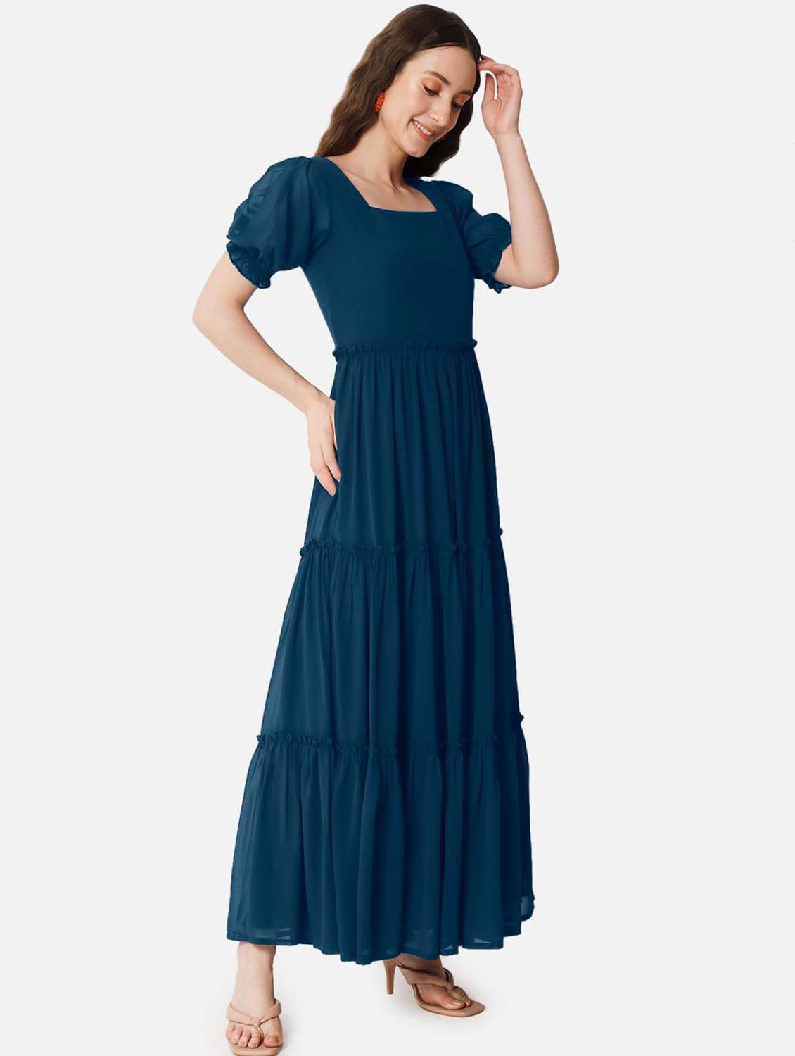 women solid puff sleeve tiered maxi dress - 21972842 - Zoom Image - 0