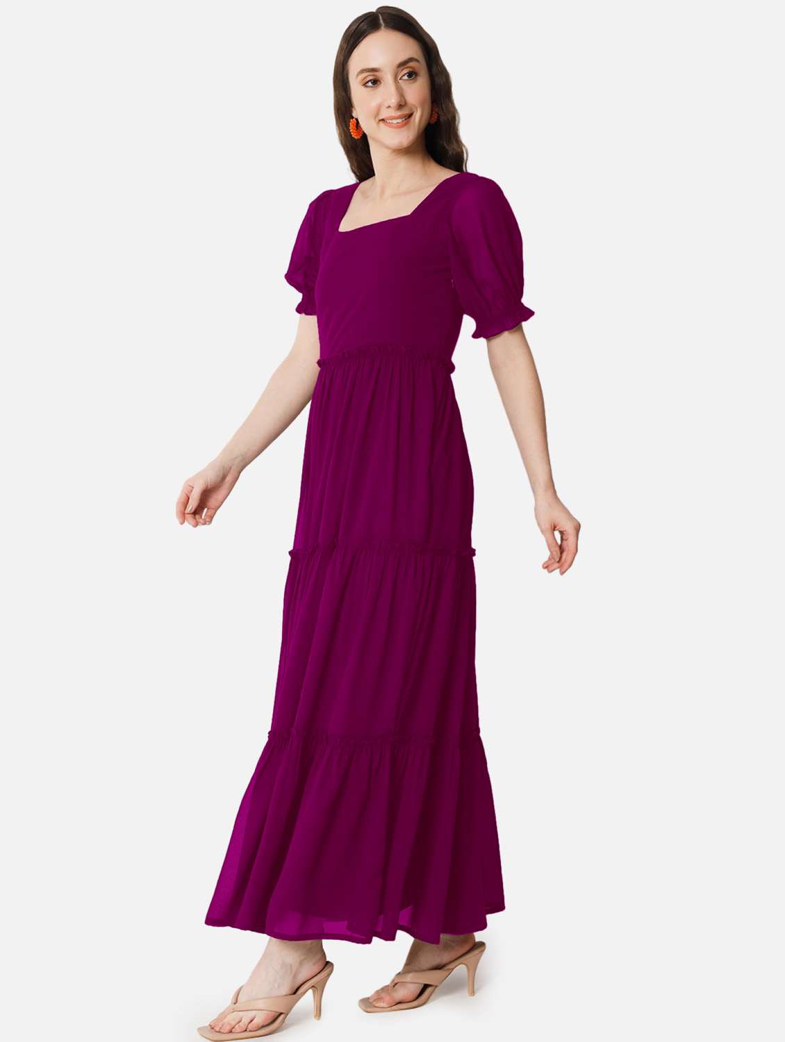 women solid puff sleeve tiered maxi dress