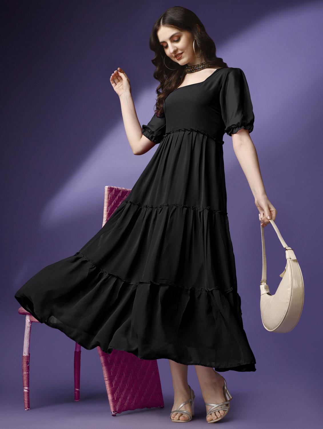 women solid puff sleeve tiered maxi dress