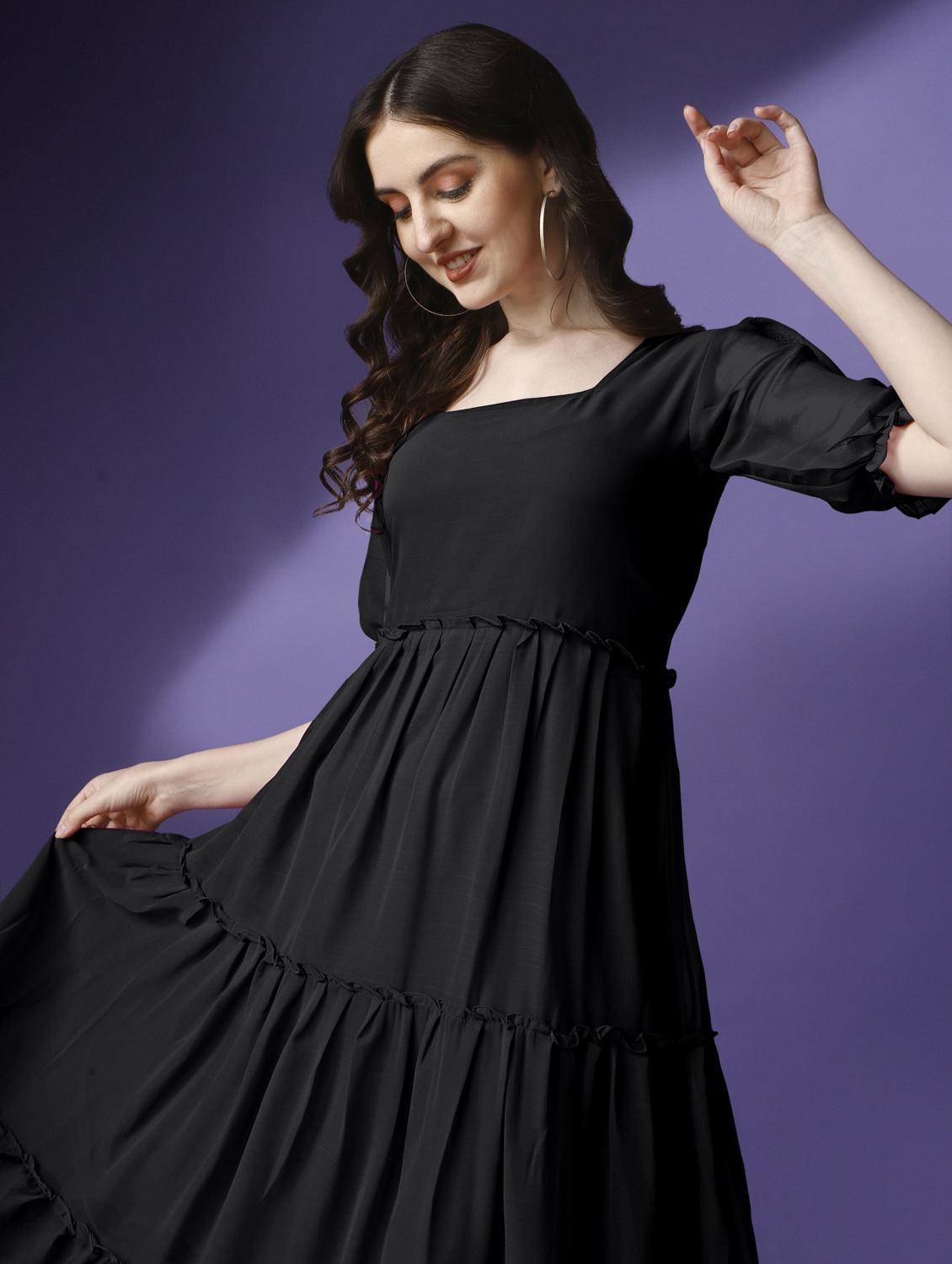 women solid puff sleeve tiered maxi dress - 21972847 - Standard Image - 3