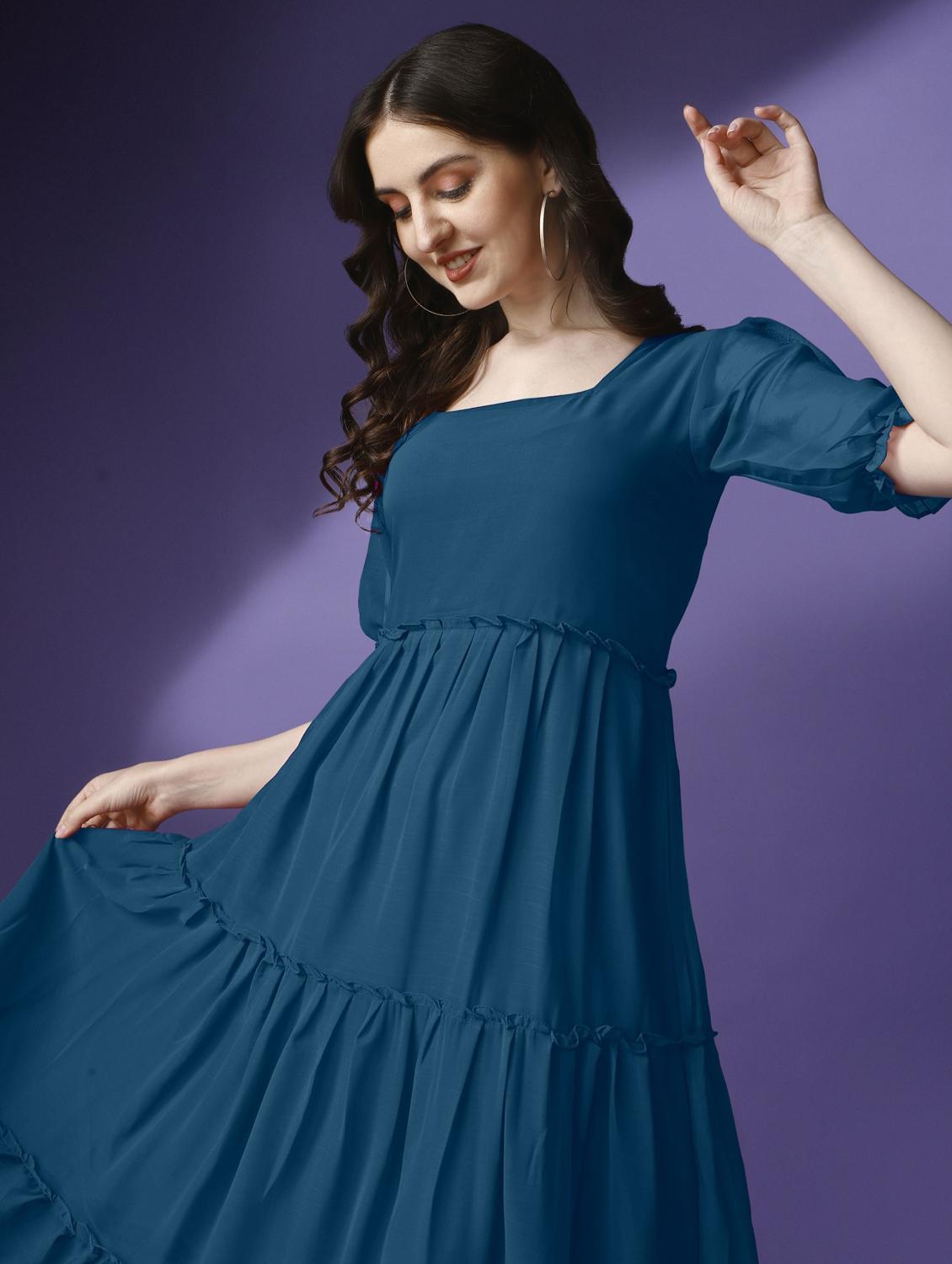 women solid puff sleeve tiered maxi dress - 21972848 - Standard Image - 3
