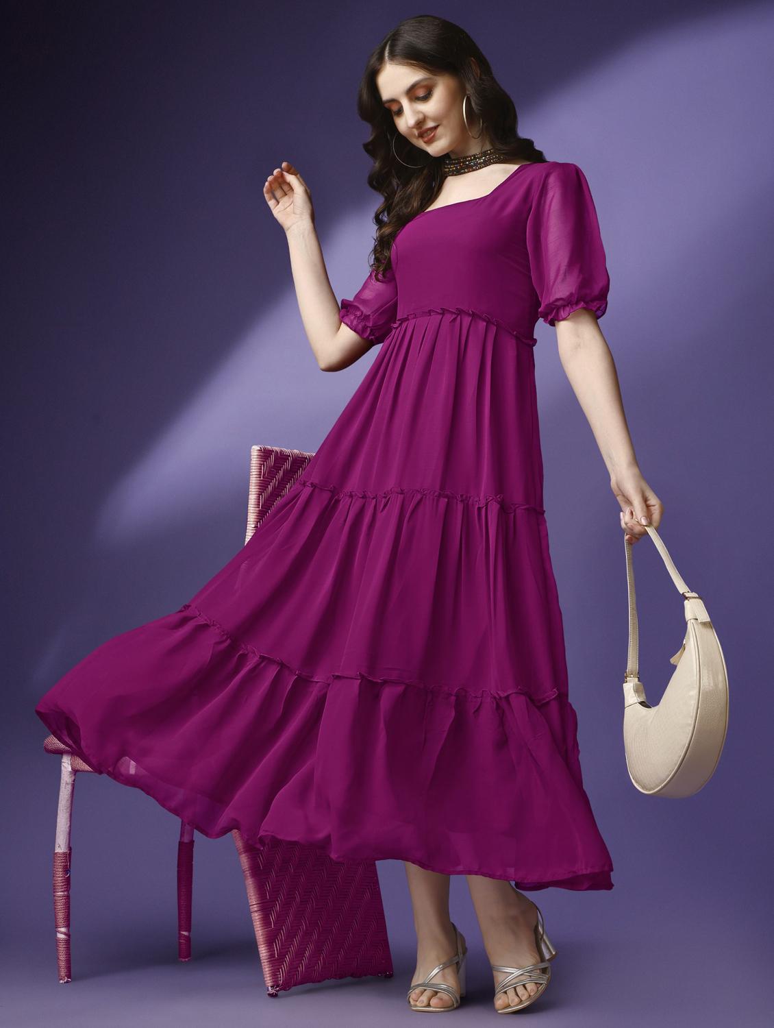 women solid puff sleeve tiered maxi dress