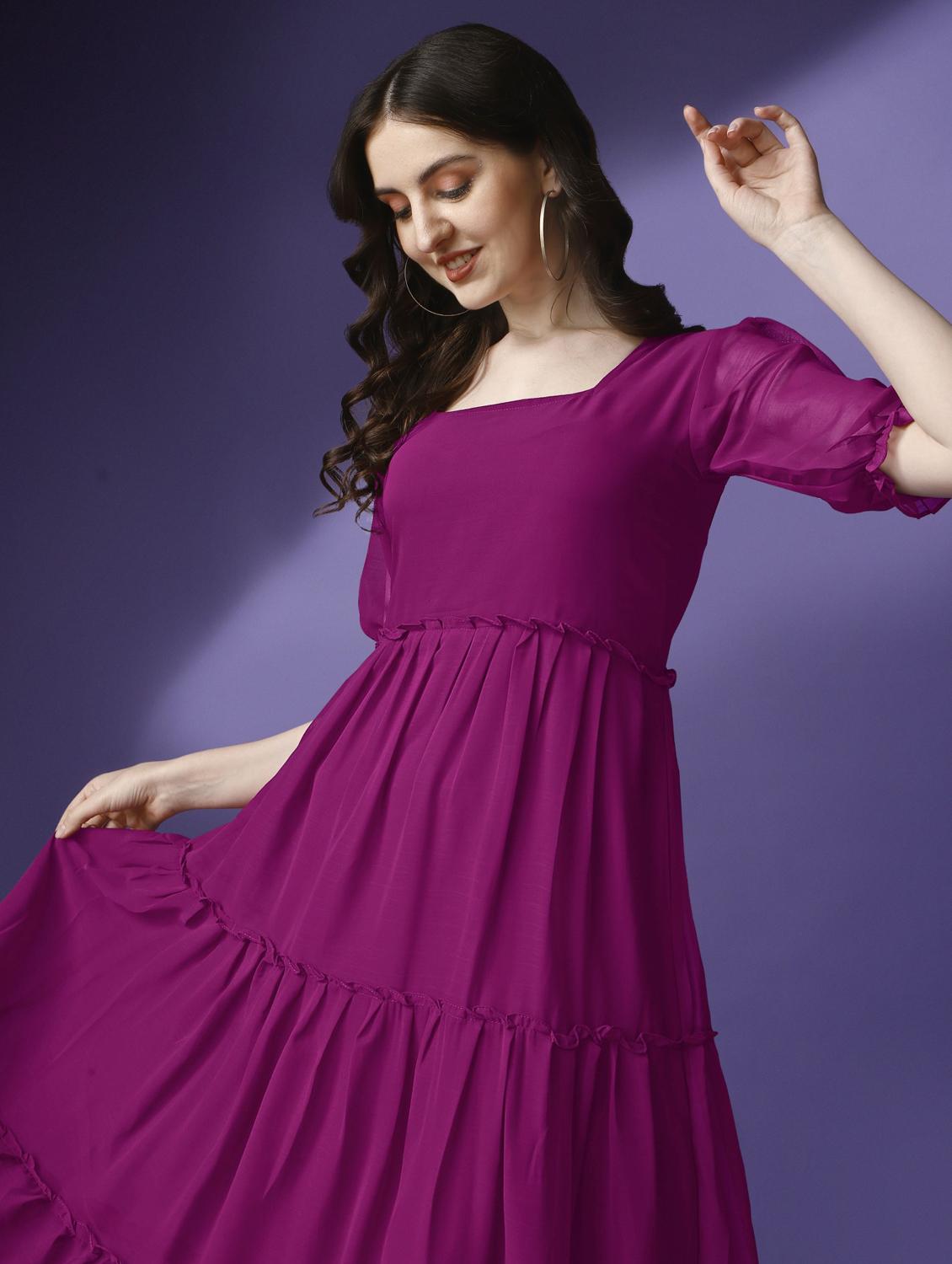 women solid puff sleeve tiered maxi dress - 21972849 - Standard Image - 3
