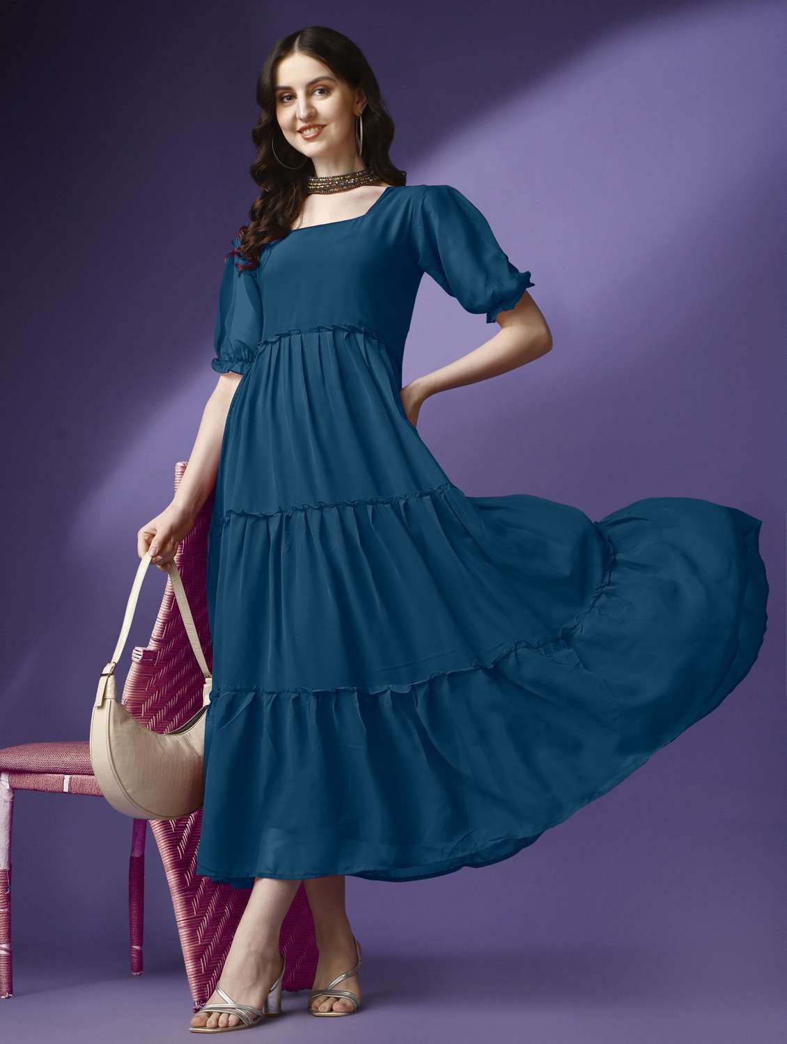 women solid puff sleeve tiered maxi dress - 21972851 -  Zoom Image - 0
