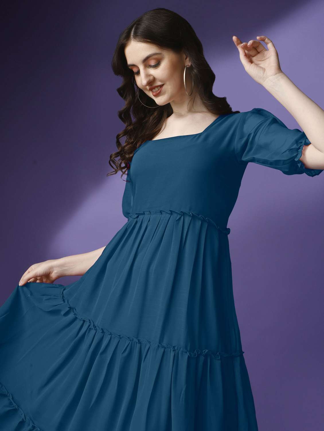 women solid puff sleeve tiered maxi dress - 21972851 - Standard Image - 3