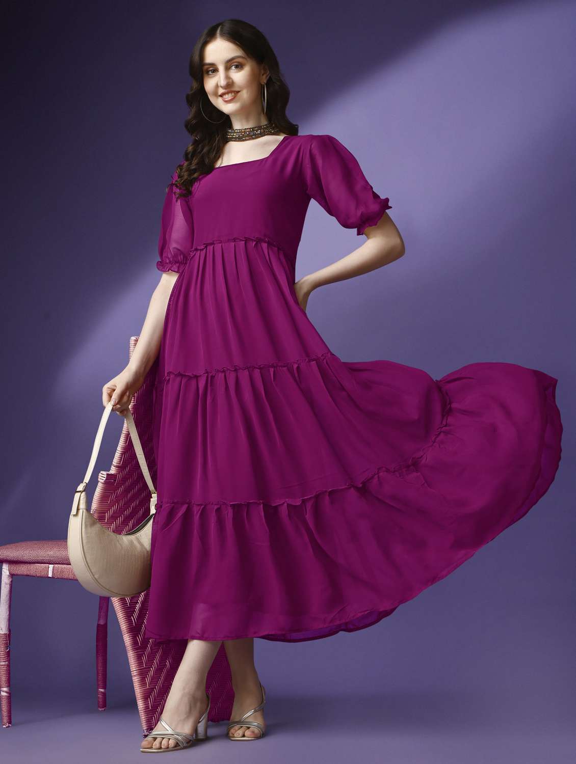 women solid puff sleeve tiered maxi dress - 21972852 - Zoom Image - 0