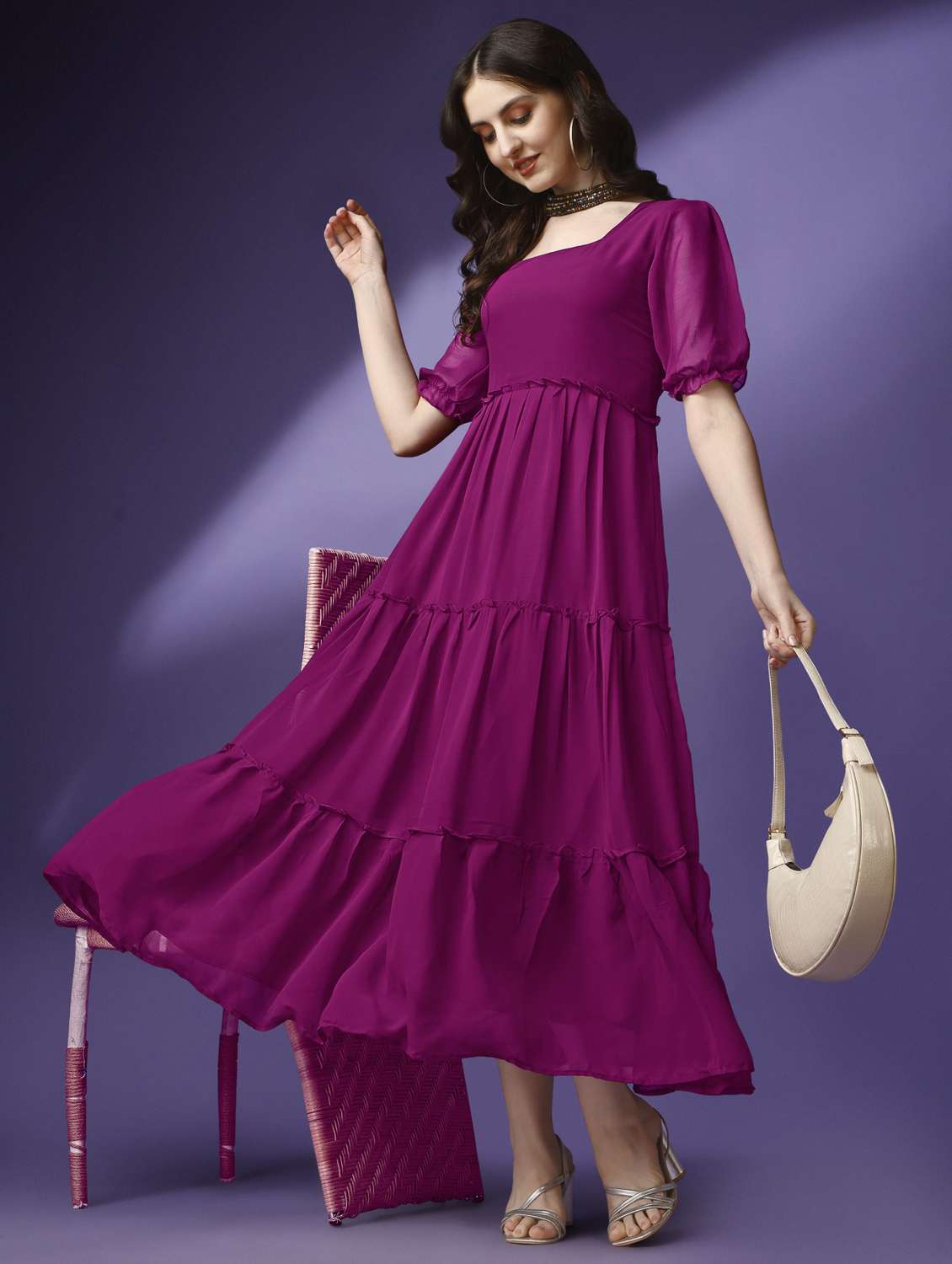 women solid puff sleeve tiered maxi dress