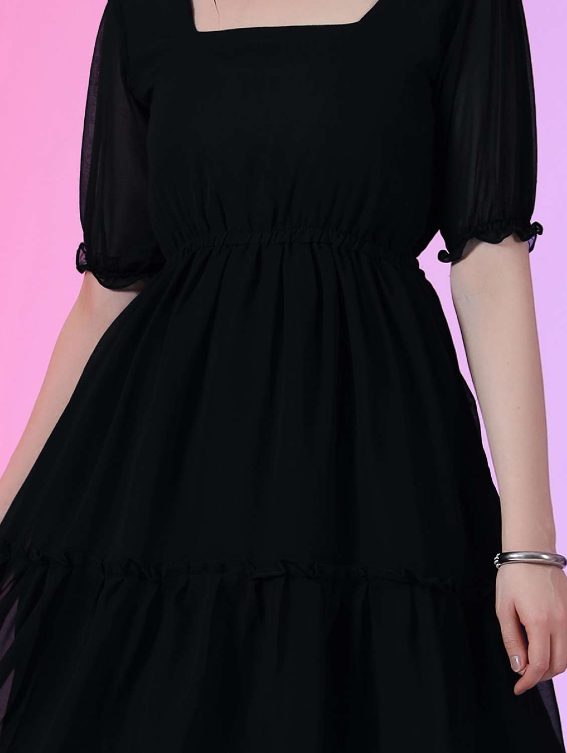 women solid puff sleeve tiered maxi dress - 21972859 - Standard Image - 3