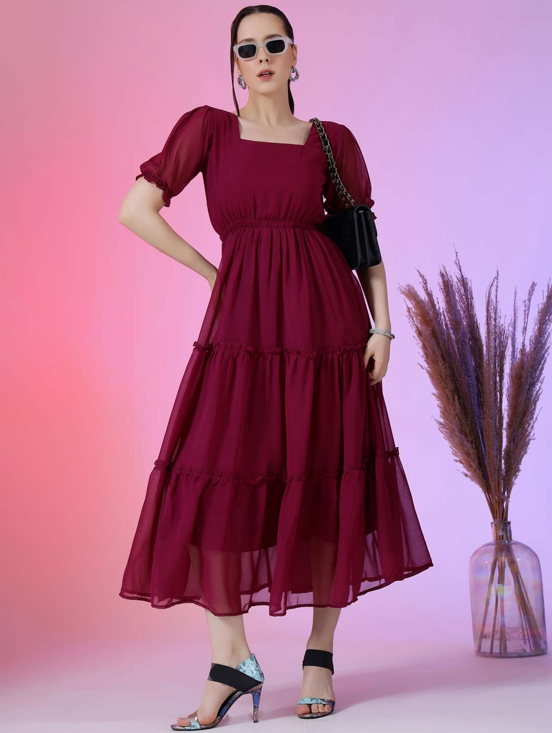 women solid puff sleeve tiered maxi dress - 21972861 - Zoom Image - 0
