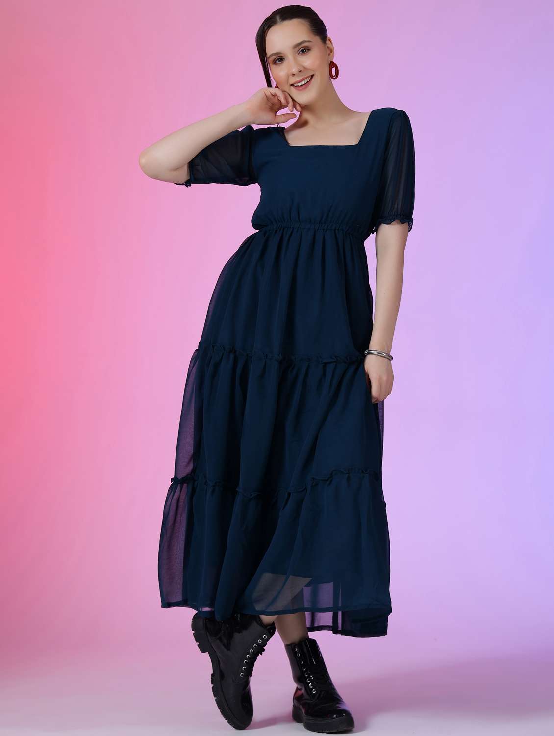 women solid puff sleeve tiered maxi dress - 21972863 - Zoom Image - 0