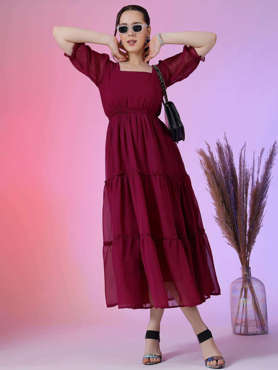 women solid puff sleeve tiered maxi dress - 21972864 - Zoom Image - 0