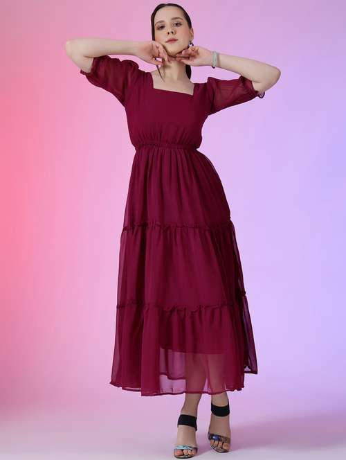 women solid puff sleeve tiered maxi dress - 21972870 -  Standard Image - 0