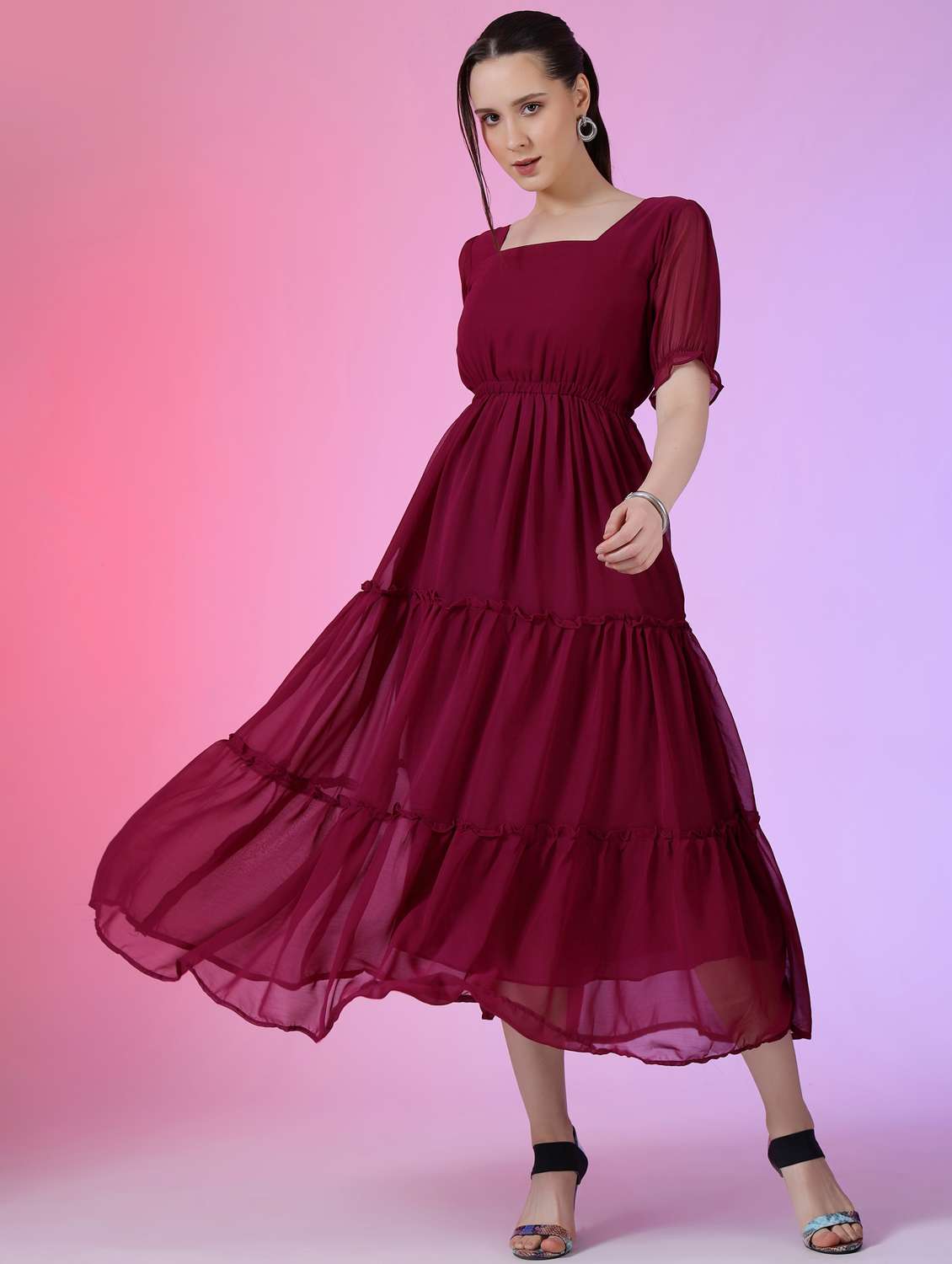 women solid puff sleeve tiered maxi dress - 21972873 - Zoom Image - 0