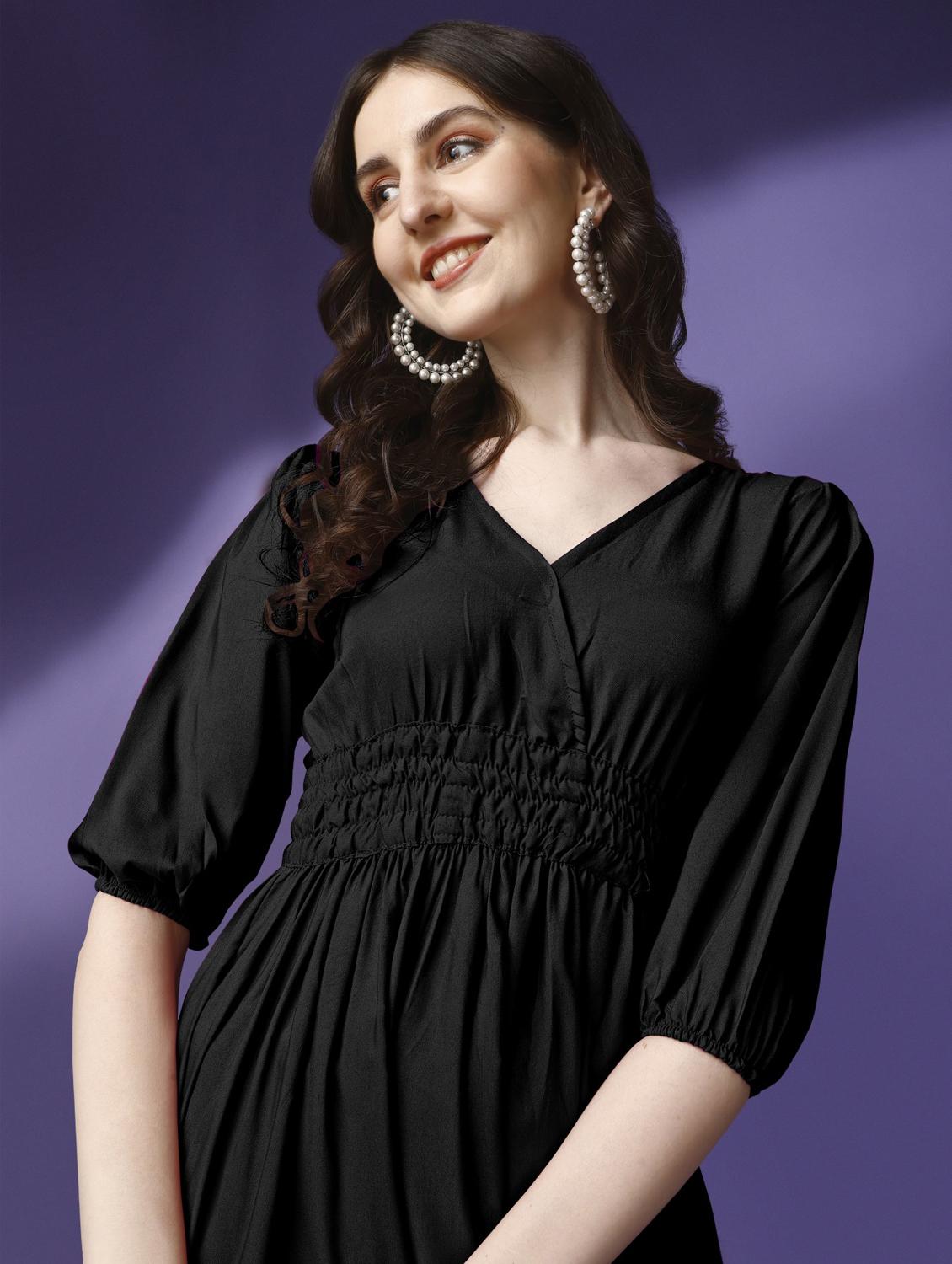 women solid puff sleeve tiered maxi dress - 21972879 - Standard Image - 3