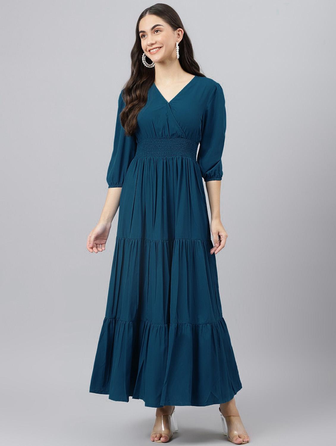 women solid puff sleeve tiered maxi dress