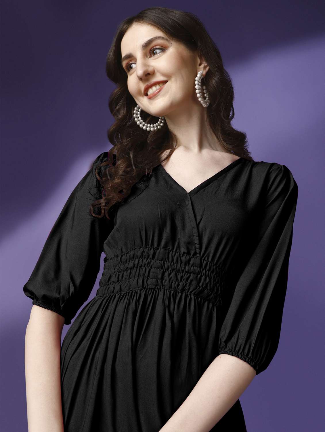 women solid puff sleeve tiered maxi dress - 21972881 -  Standard Image - 3