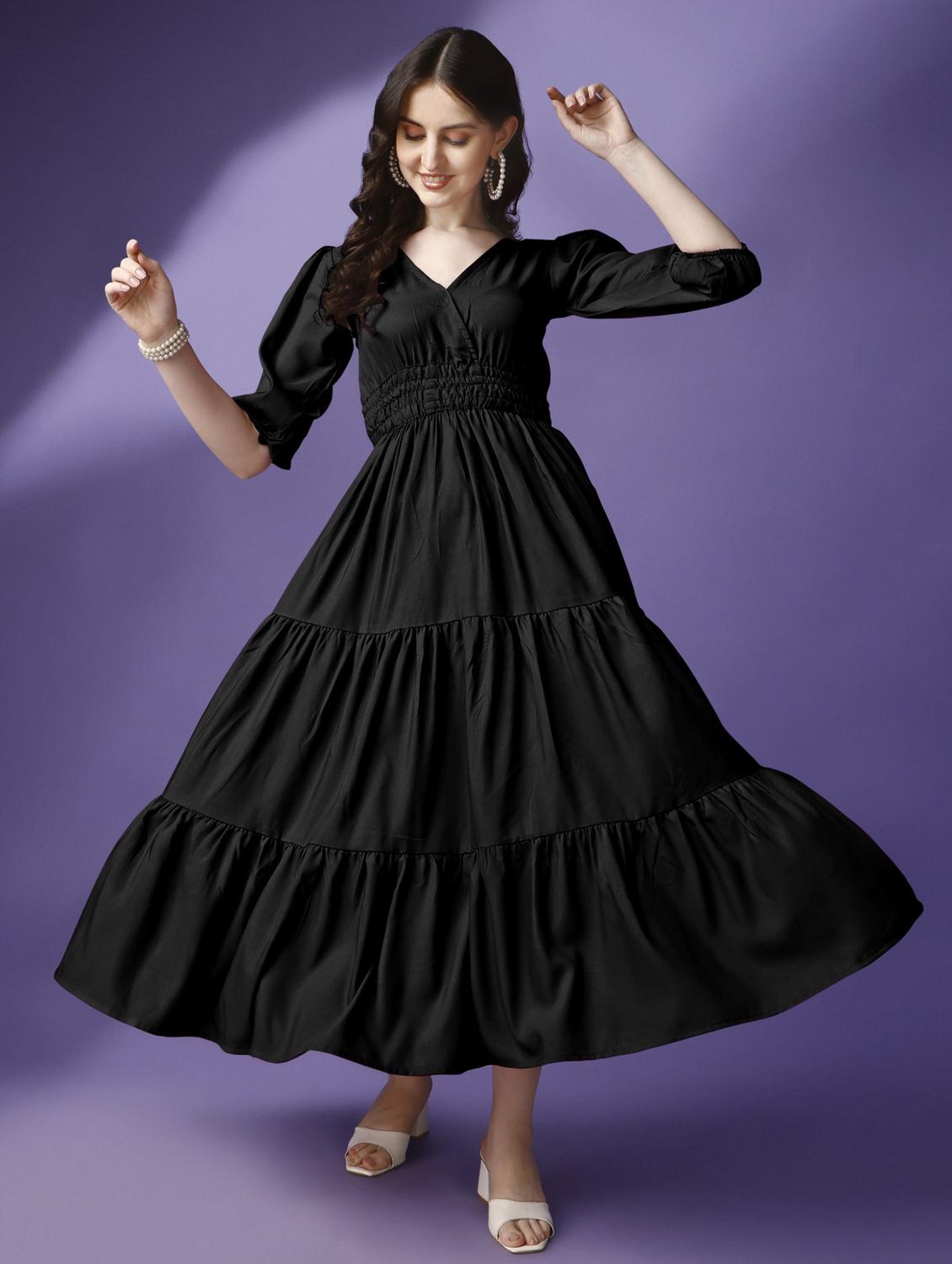 women solid puff sleeve tiered maxi dress - 21972885 - Zoom Image - 0