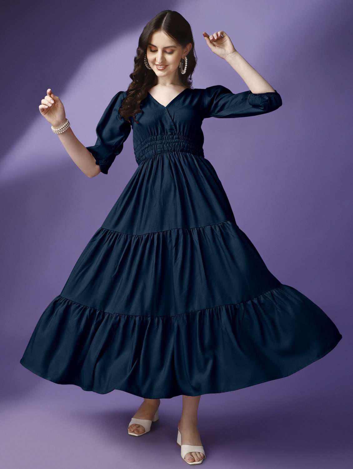 women solid puff sleeve tiered maxi dress