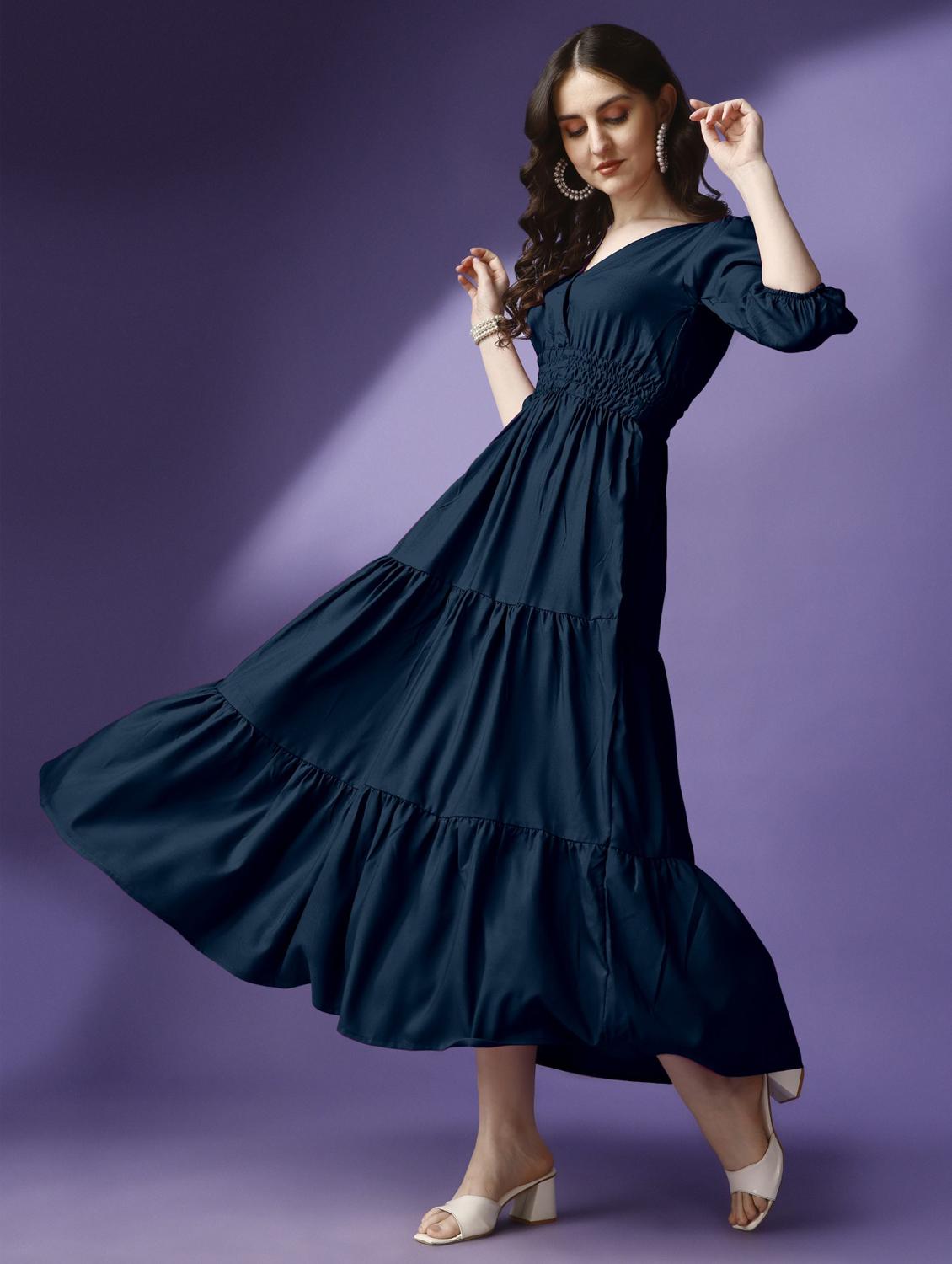 women solid puff sleeve tiered maxi dress - 21972886 - Standard Image - 3