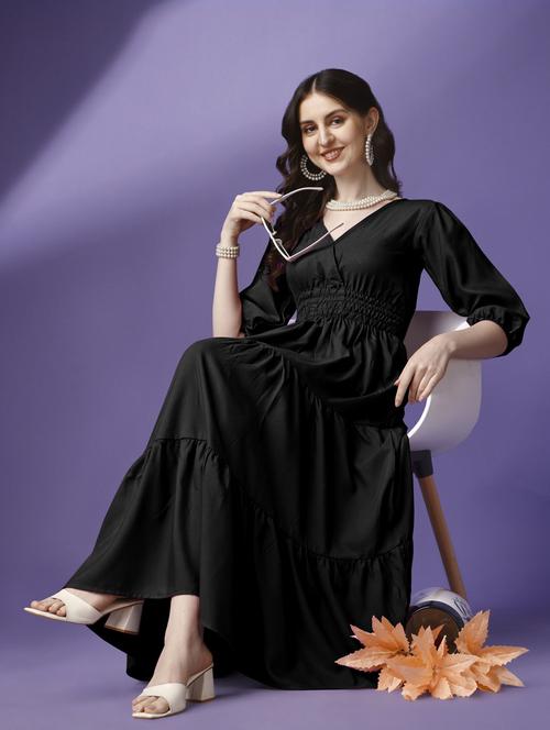 women solid puff sleeve tiered maxi dress - 21972887 - Standard Image - 0